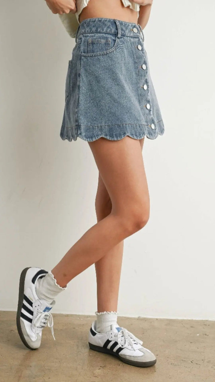 Scallop Edge Button-Up Denim Skirt