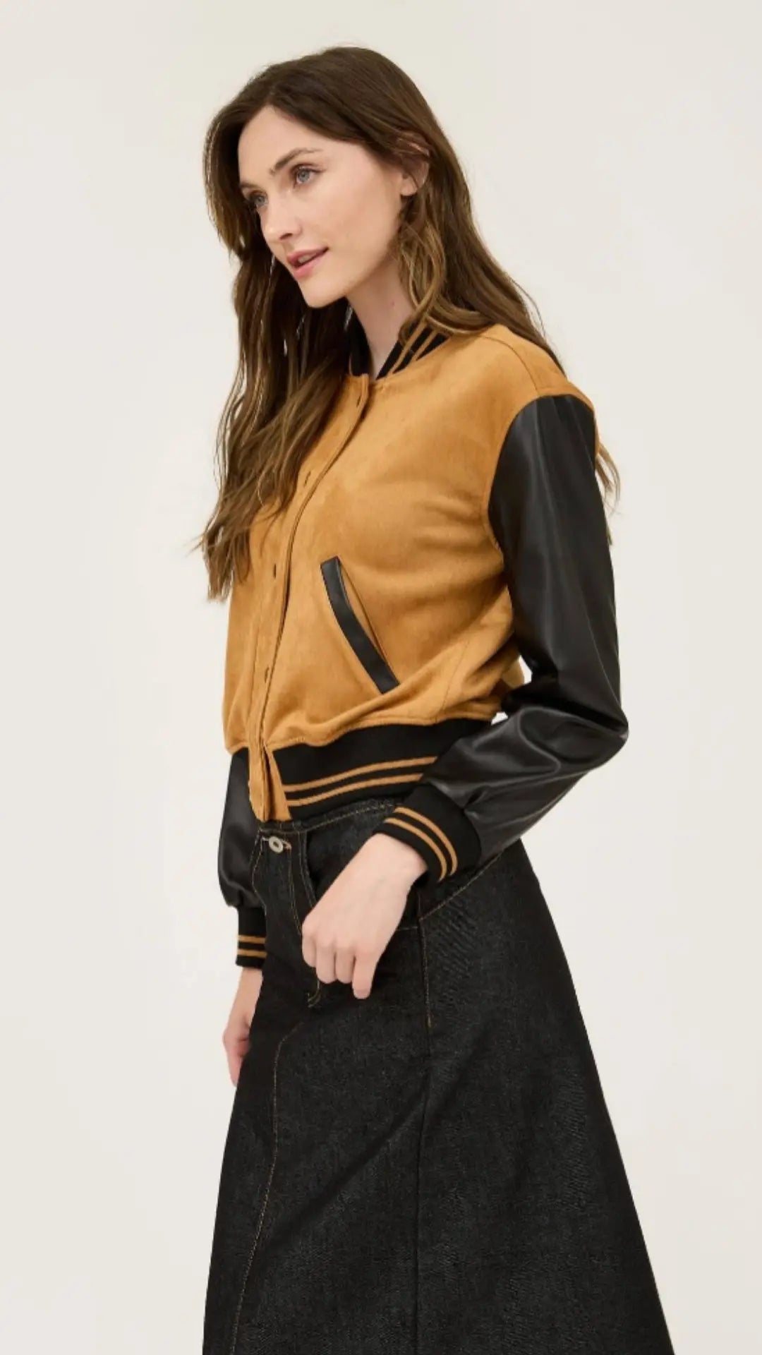 COLORBLOCK SUEDE BUTTON DOWN BOMBER JACKET