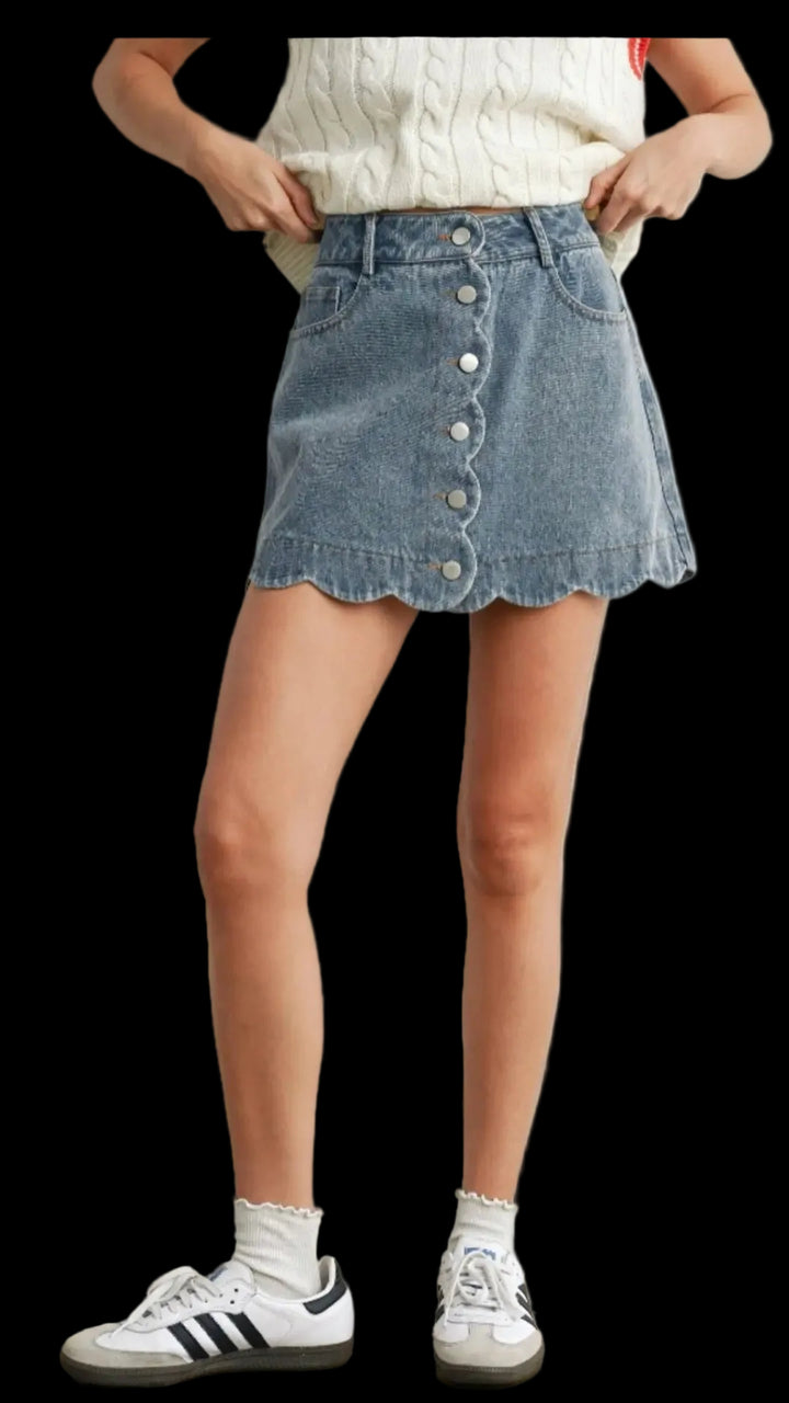 Scallop Edge Button-Up Denim Skirt